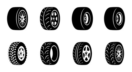 Black car tires set, different tread patterns, graphic icons © Md