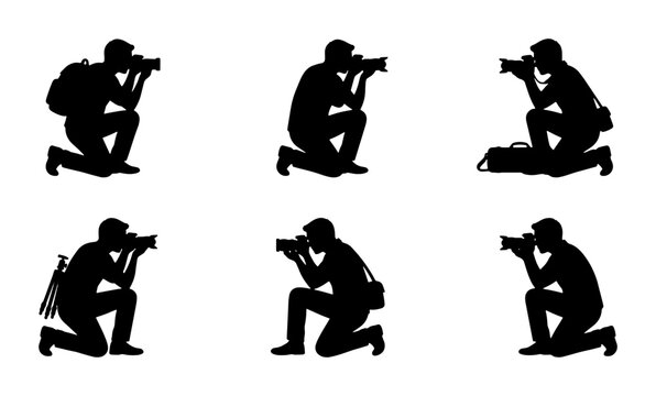 Black photographer silhouettes on white background, action poses