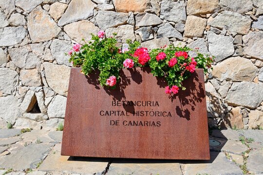 Metal sign saying Betancuria is the Historic Capital of the Canary Islands, Betancuria, Fuerteventura, Canary Islands, Spain, Europe.