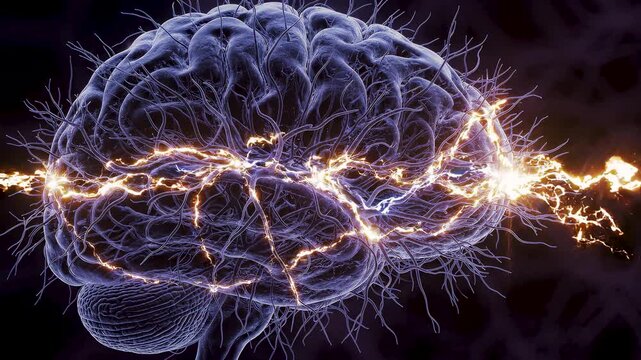 Human brain showing complex neural activity and electrical impulses Representing ideas intelligence thoughts and cognitive processes.