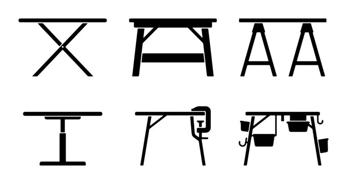 Black picnic and work tables silhouettes, folding and adjustable