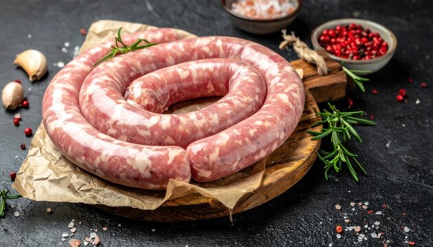 Raw pork sausage in casing speckled with herbs and spices, fresh butcher shop ingredient