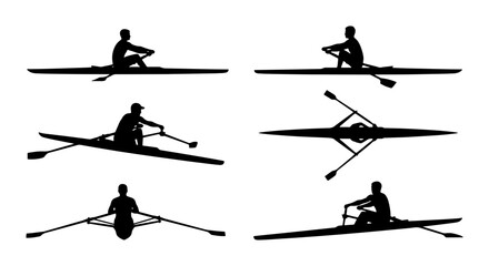 Black rowers in boats silhouettes, graphic design elements for sport © Md