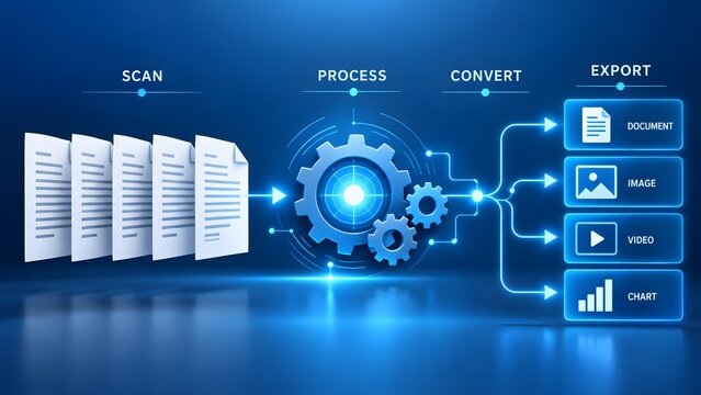Digital document workflow interface showing scan process convert and export stages into multimedia file formats