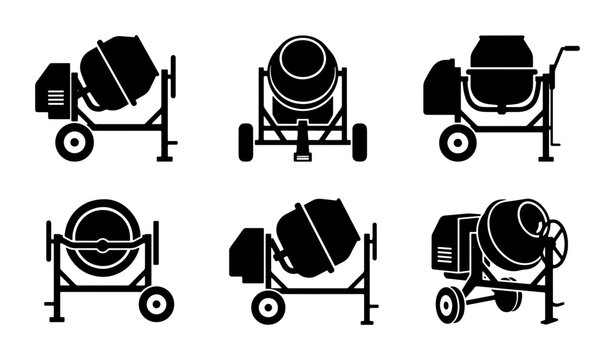 Black concrete mixers, set of construction industry machines