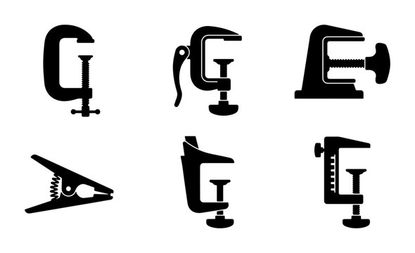 Black clamps and clips icons, set for tools and fastening, graphic