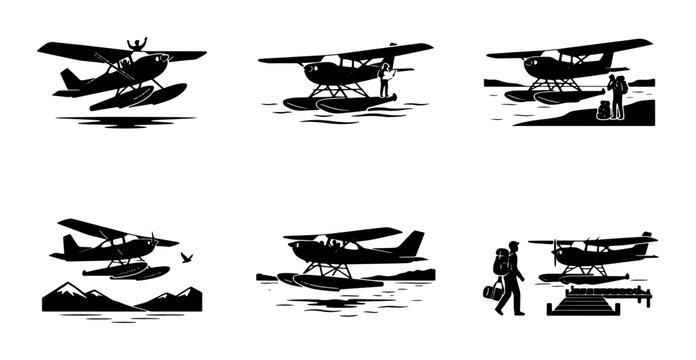 Black and white seaplanes and people on water, graphic design