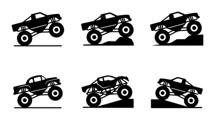 Black monster truck silhouettes on ramps and obstacles, action sports © Monir