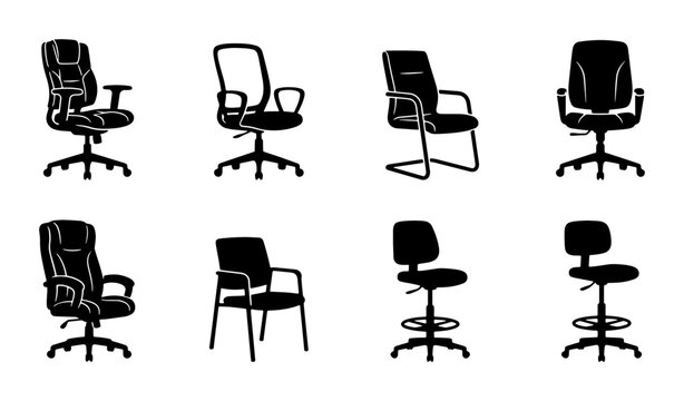 Black office chairs silhouettes, modern furniture design, icons for