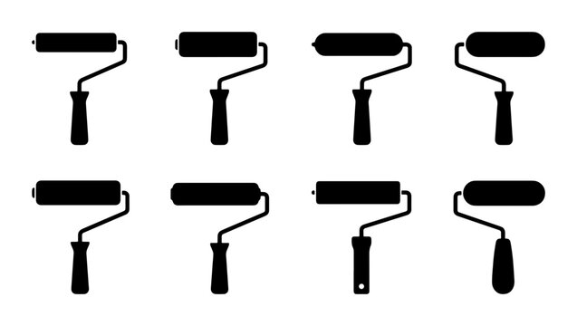 Black paint roller icons, different types, DIY and home renovation