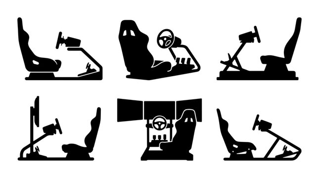 Black racing simulator cockpits and seats, set of icons