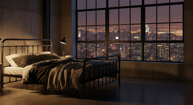 Industrial style bedroom with city view at night background full hd download 2025 2026 metal frame