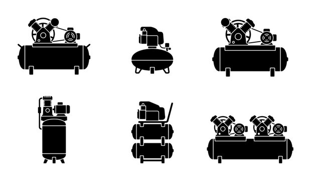 Black air compressor icons, industrial equipment, graphic design