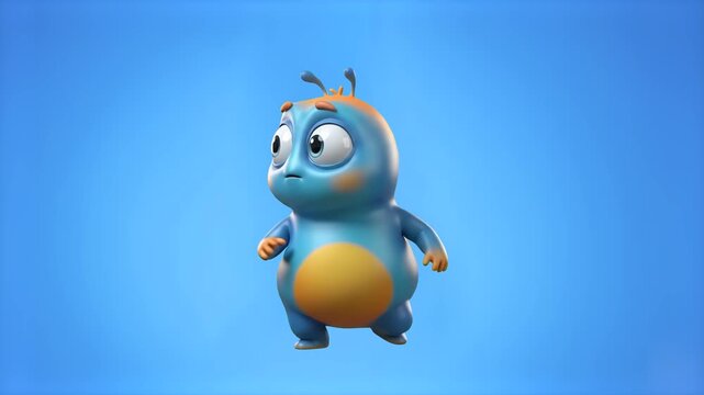 A cute 3D animated blue monster character with an orange belly standing and looking around curiously on a solid blue studio background. Excellent for children videos, fantasy creature clips, cartoon m