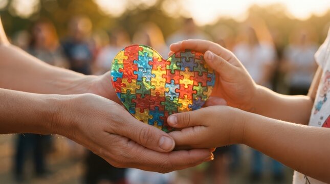 Adult and child holding heart made of colorful puzzle pieces for autism awareness and support and inclusion and community solidarity World AIDS Day