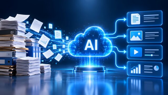 Office binders and paper documents flowing into glowing digital AI cloud computing symbol sorting into categorized multimedia file formats
