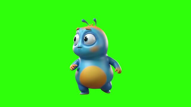 A cute 3D animated blue monster character with an orange belly standing and looking around curiously on a chroma key green background. Great for children games, fantasy animations, cartoon mascots, ap