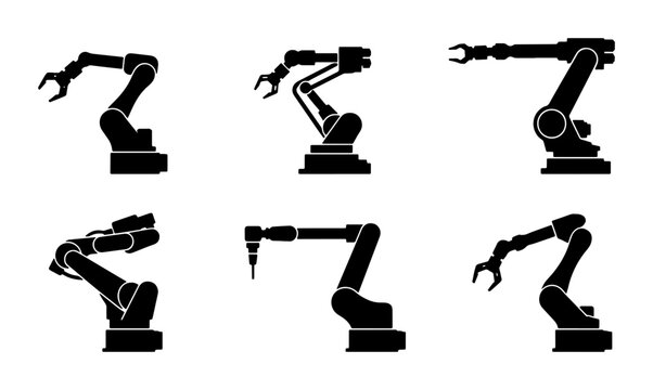 Black industrial robot arm silhouettes on white, technology and