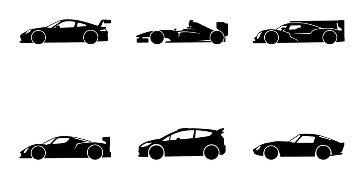 Black sports cars and racing vehicles silhouettes, graphic icons