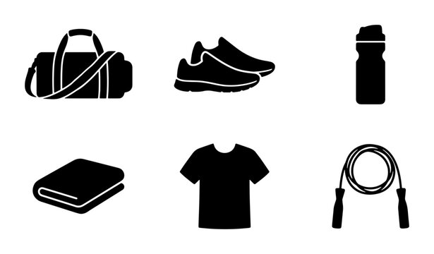 Black fitness equipment icons, simple silhouette style, sports and