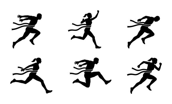 Black runner silhouettes breaking finish line ribbon, sports design
