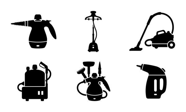 Black cleaning equipment icons, silhouette style, graphic resources