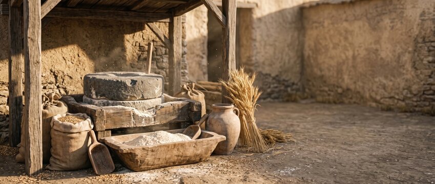 Old stone millstones with wheat bundles in rustic courtyard
