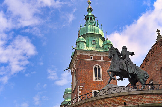 Tadeusz Kosciuszko Monument and Sigismund Tower at Wawel Cathedral in Krakow Poland