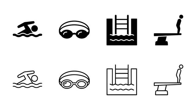 Swimming Icons: A collection of simple, stylized icons representing various aspects of swimming, including a swimmer in water, goggles, a swimming pool with ladder, and a diver on a diving board.