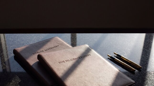 Dual Leather Bound Corporate M&A Contract Folders with Fountain Pens on Granite
