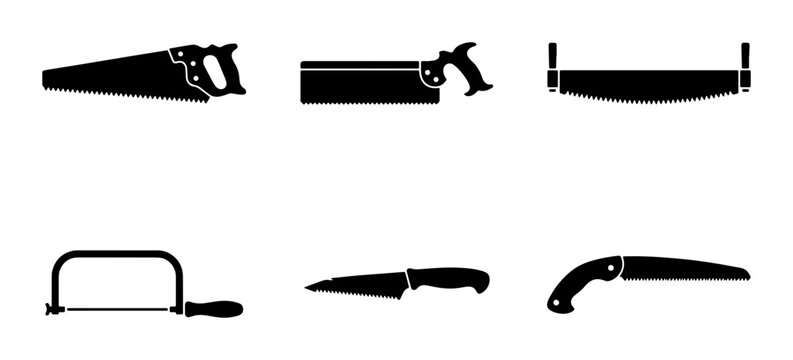 Black saw silhouettes, tools for cutting and woodworking, graphic