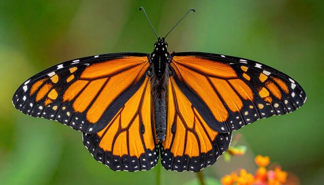 Orange monarch butterfly with intricate black wing patterns, macro insect and nature photography