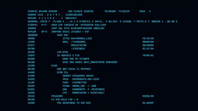 Computer screen displaying lines of code and data with digital streams flowing.
