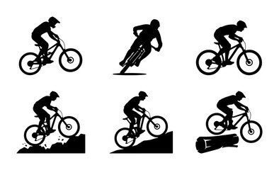 Fototapeta premium Black mountain bike silhouettes jumping and riding, graphic icons