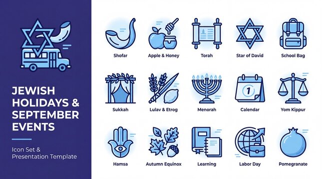 Jewish holidays and september events infographic icons set