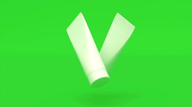 Blank cosmetic cosmetic tube mockup, 3d rendered cream packaging, floating white cosmetic bottles on green screen, isolated plastic tube container, lotion packaging video