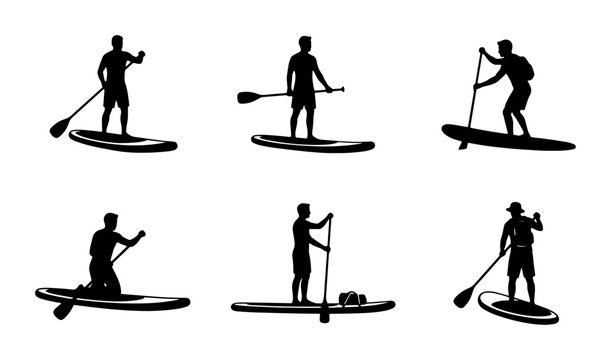 Black paddleboarder silhouettes on white, sport and leisure activity