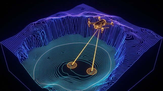 Search And Rescue Drone Profiling Glacial Cirque Amphitheater Cliff Headwalls Over Digital Topographic Wireframe Mesh Terrain With Glowing Contour Lines Laser Scanning Vectors And Target Markers