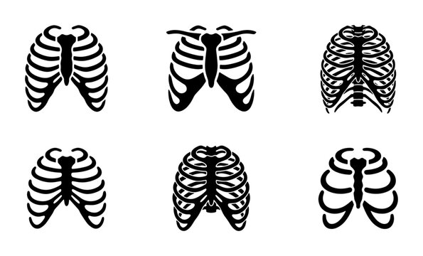 Black rib cage icons set, human anatomy symbols, medical graphic
