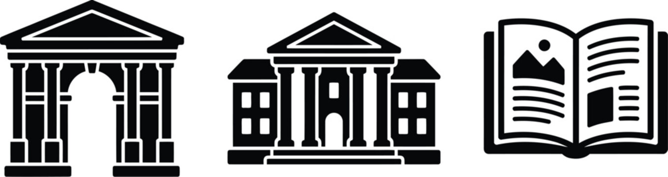 Black and White Classical Greek Columns and Fence Architectural Illustration with Ancient Temple, Parthenon Landmark, Banking and Finance Symbolic Design