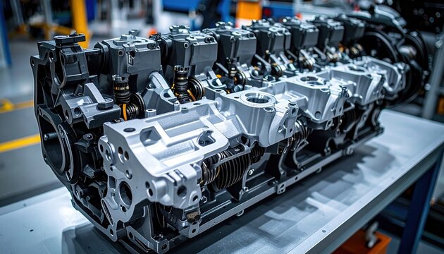 Disassembled engine block with visible camshafts and mechanical components, automotive engineering photography