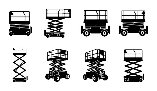 Black scissor lift icons, construction and industrial equipment