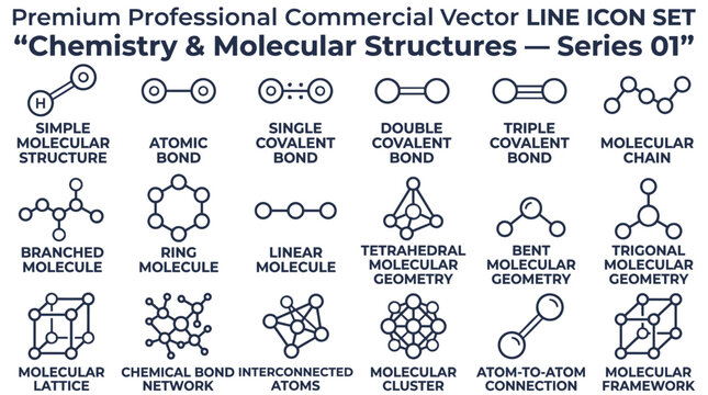 Chemistry molecular structure line icon set including covalent bond ring linear geometry.