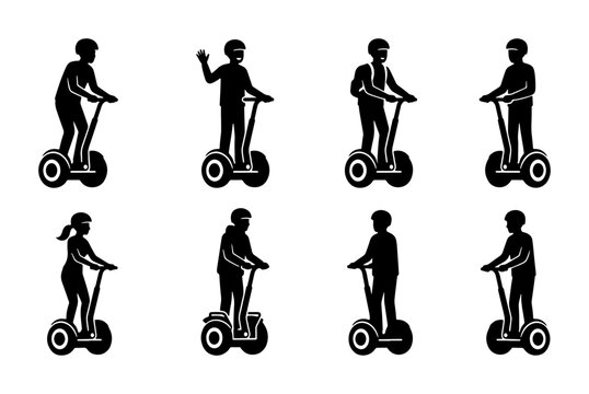 Black silhouettes of people riding segways on white background, icon