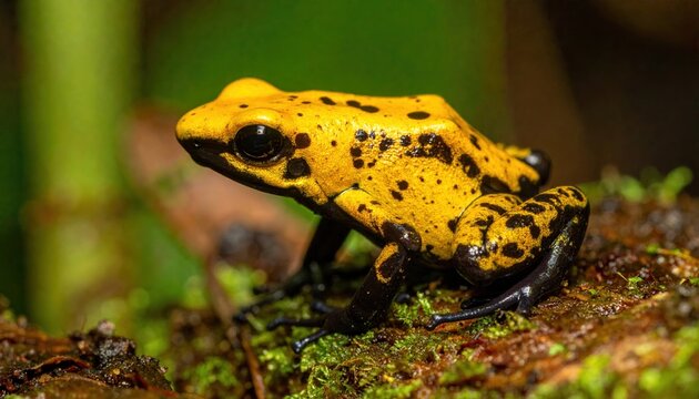 Bright golden poison frog in macro view, vivid toxic amphibian and tropical rainforest wildlife