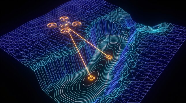 Autonomous Search Drone Bathymetric Elevation Profiling Steep Submarine Canyon Headwall Over Digital Topographic Wireframe Mesh Terrain With Glowing Contour Lines Laser Vectors And Target Rings