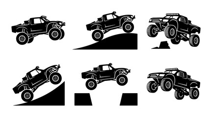Black off-road trucks silhouettes on ramps and jumps, graphic design © Jim