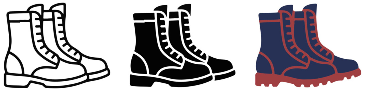 Set of military combat boot vector graphic icons in various styles