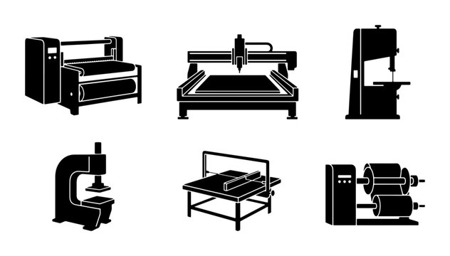 Black industrial machinery icons, manufacturing and production