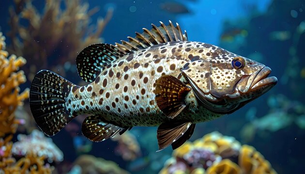 Spotted grouper fish with detailed scales and fins, realistic marine life photography